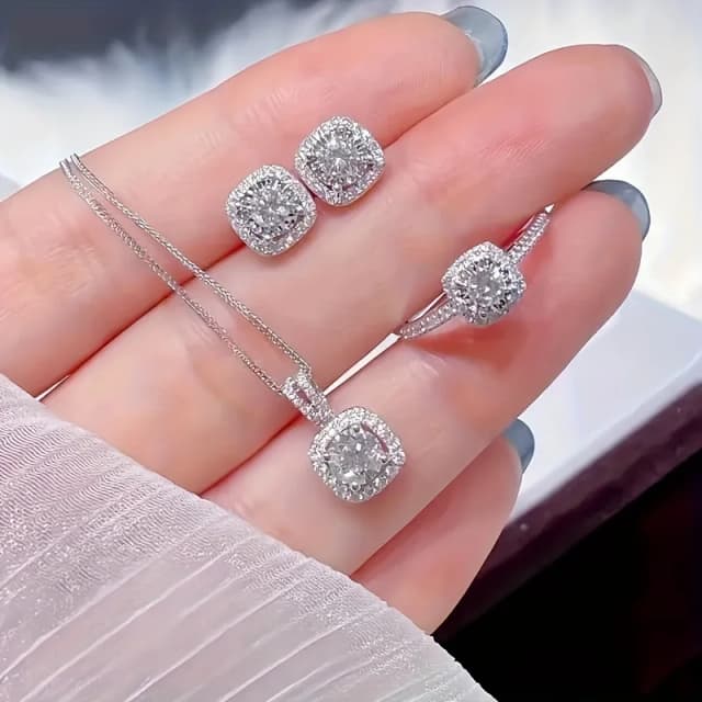 1 conjunto de joyería de cubo de lujo, collar elegante para mujer, conjunto de pendientes y anillos, regalo perfecto para el día de San Valentín, regalo de Navidad, Bi