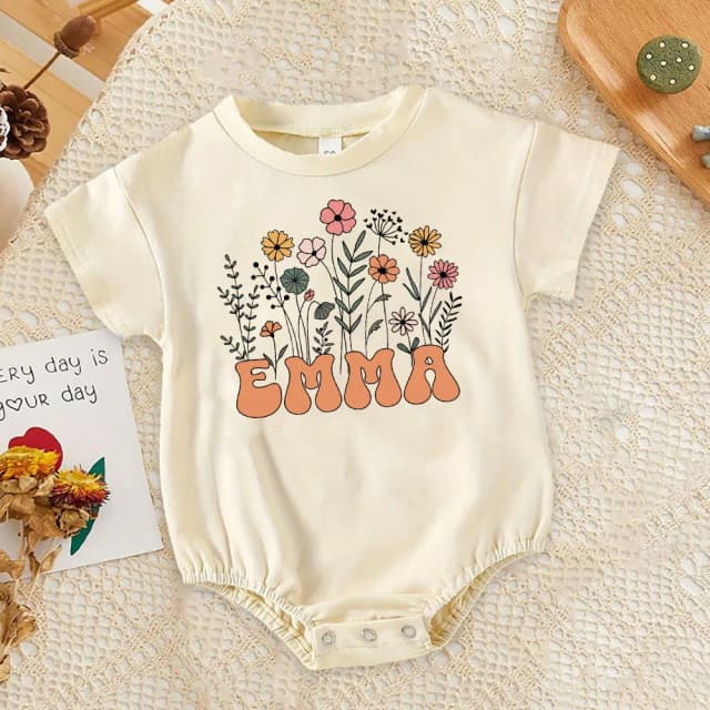 Mono de flores con nombre personalizado para bebé, ropa infantil de verano de gran tamaño, mono de manga corta Retro Para recién nacido