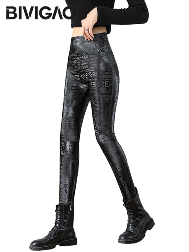 BIVIGAOS-Leggings de cuero con grafiti para mujer, calzas cálidas y ajustadas de lana, estilo gótico, para motocicleta, Otoño e Invierno