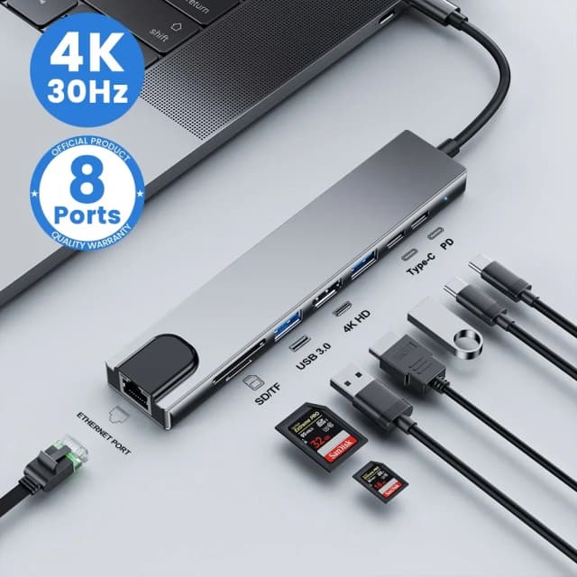 USB C Hub 8 en 1 7 en 2 7 en 1 tipo C 3,1 a 4K adaptador HDMI con lector de tarjetas RJ45 SD/TF PD carga rápida para MacBook Notebook portátil