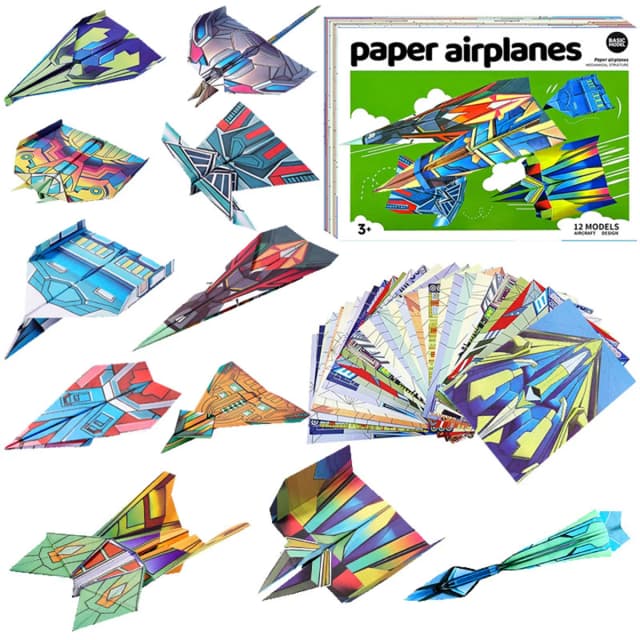 Kits de aviones de papel con 12 diseños clásicos, papel de origami colorido, aviones de papel de registro mundial, avión para estudiantes de escuela (Dig