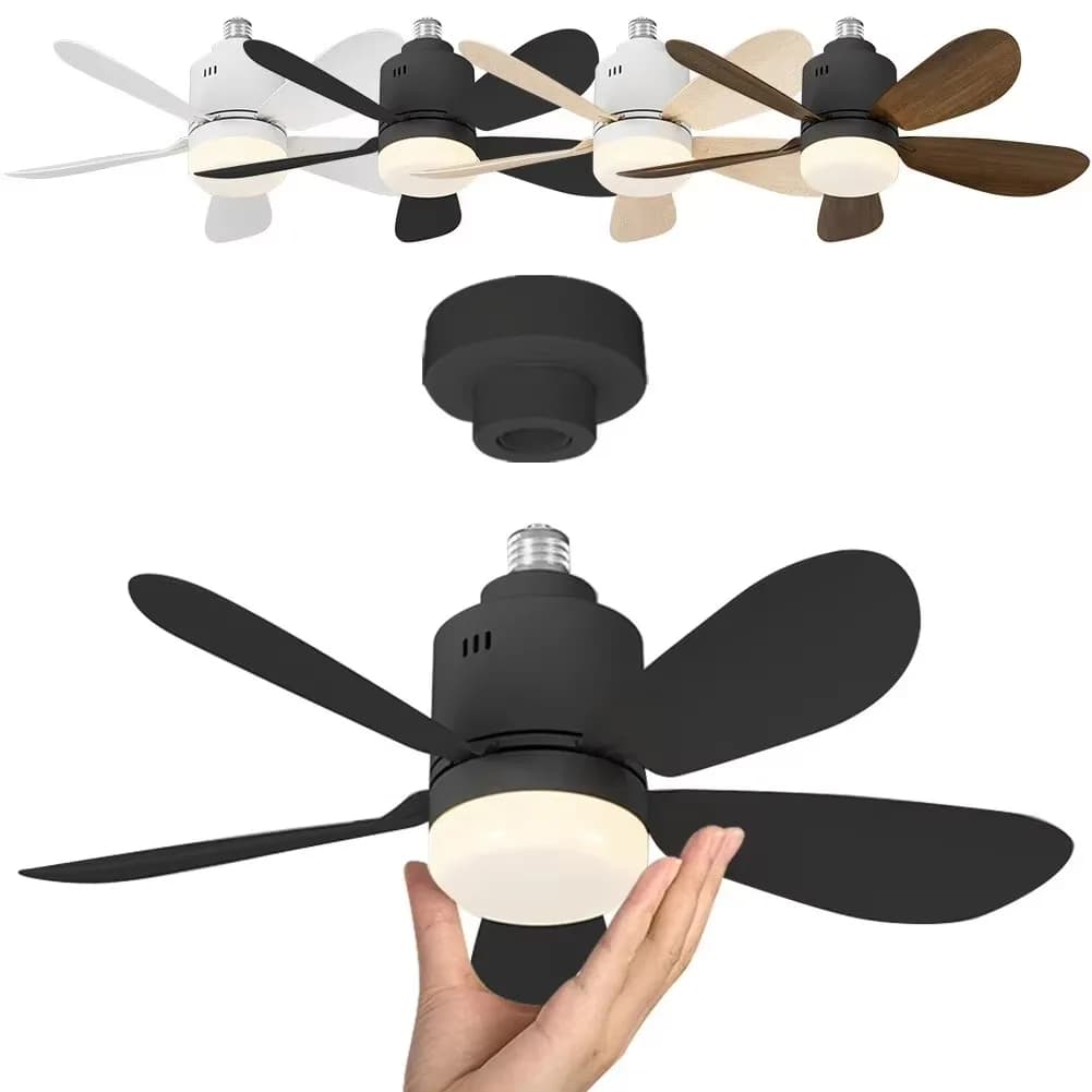 Luz de ventilador LED con enchufe con control remoto, ventilador de techo con enchufe de 4 velocidades de 52,5 cm con bombilla de iluminación para dormitorio y hogar, Base E26/E27