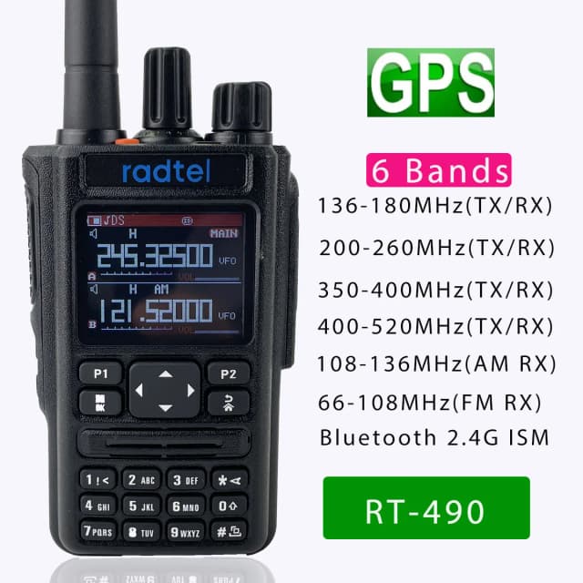 Radtel RT-490 GPS Bluetooth aplicación Amateur Ham Radio bidireccional 256CH banda aérea Walkie Talkie USB-C VOX SOS LCD escáner de policía aviación