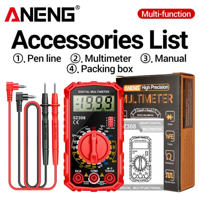 Multímetro Digital ANENG SZ308, Medidor de Corriente CA/CC, Medidor de Voltaje y Resistencia, Pantalla LCD para Electricistas, Prueba de Onda Cuadrada Ohm