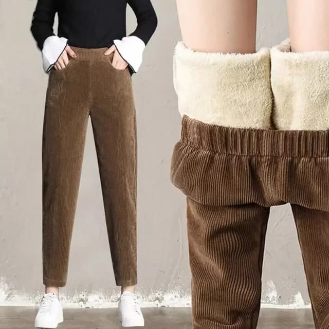 Pantalones cálidos de pana para mujer, pantalones informales de felpa gruesa, mallas de otoño e invierno, pantalones Harem de cintura alta