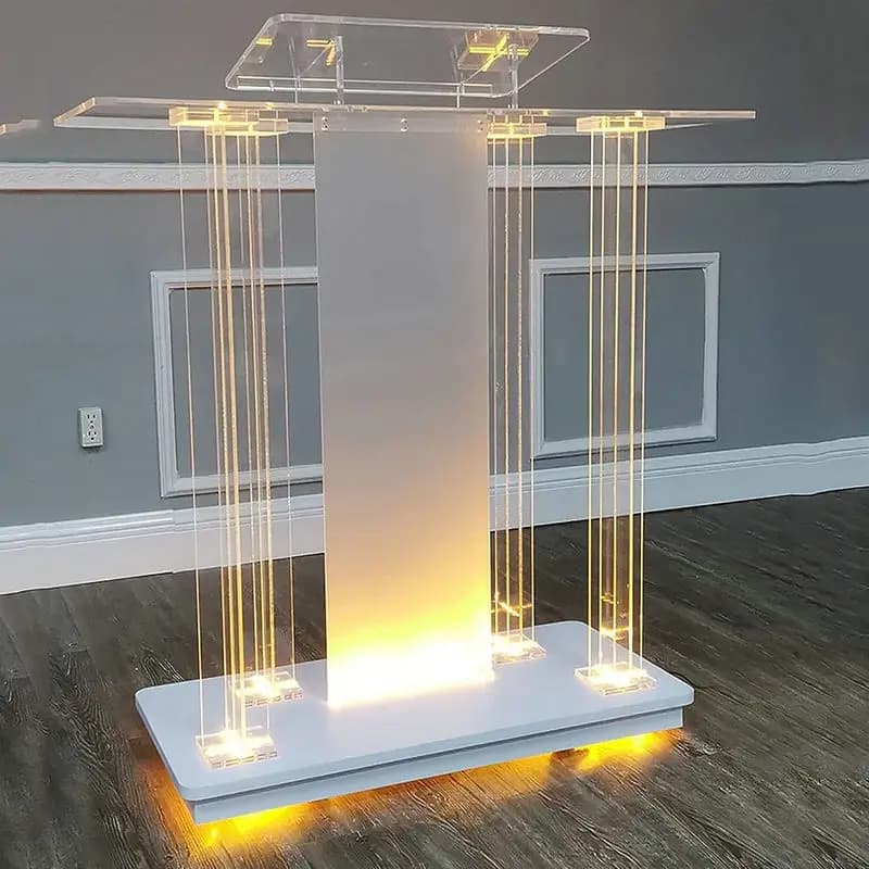Podio acrílico, plataforma de canto de cristal europeo, mesa de juramento de podio cruzado con mesa de presentador de luz
