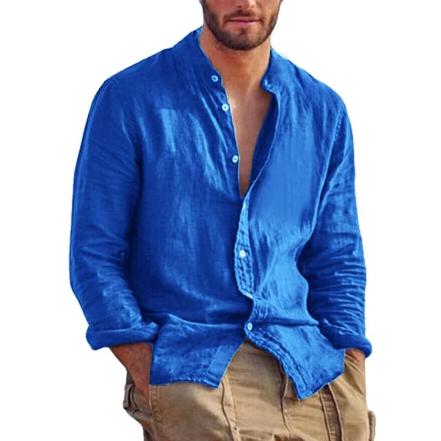 Nueva camisa de manga larga de Color sólido para hombre, camisas de algodón y lino, Tops de playa ligeros informales con cuello levantado de talla grande a la moda
