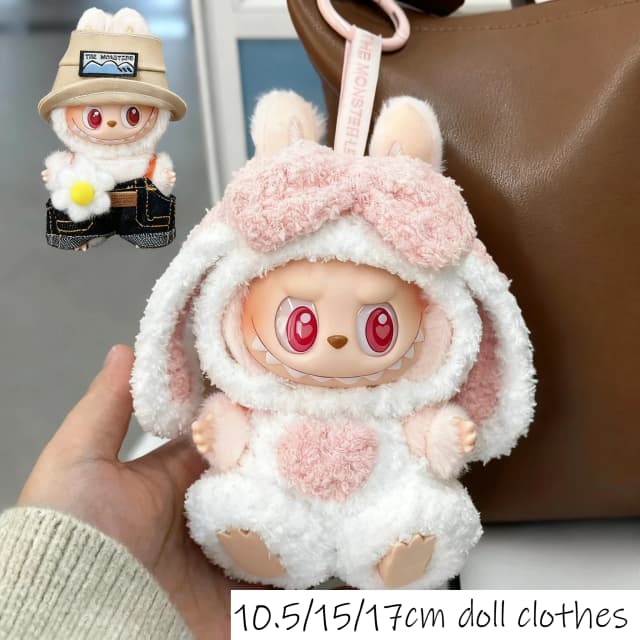 Para 17cm/10,5 cm Labubu 4,0/3,0 accesorios ropa para muñecas latido del corazón disfraz de conejo peludo de orejas largas vestido de dibujos animados traje Labubu