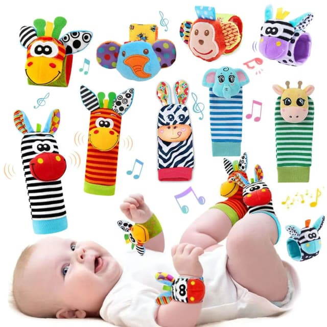 Sonajeros de muñeca para bebé, calcetines de animales para recién nacidos, buscador de pies, correa para la muñeca, calcetines para bebé, juguetes sensoriales, juguetes para bebé de 0 a 12 meses, regalo