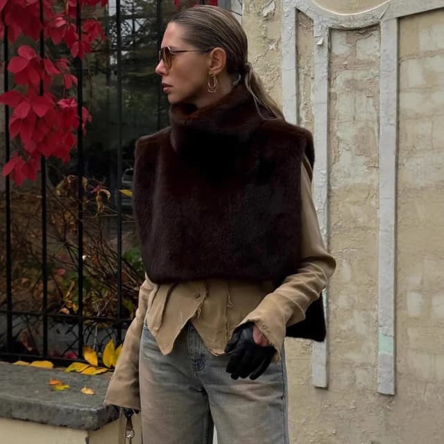 2025 nueva moda Chaleco de marta de piel sintética Top corto Otoño Invierno cuello alto Eco piel de visón camisetas sin mangas chaqueta sin mangas abrigo