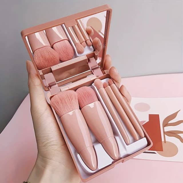 Juego de brochas de maquillaje portátiles de 5 piezas con espejo - Kit de viaje plegable, mini juego de brochas de maquillaje Juego de brochas de maquillaje de viaje