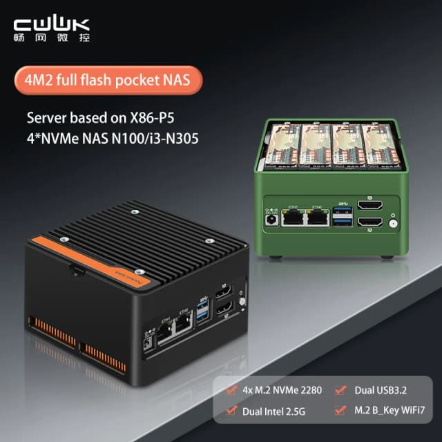 CWWK X86-P6 placa NAS de bolsillo PC Intel i3-N355 N150 2xi226-V 2,5G DDR5 4800MHz 4xM.2 NVMe Firewall Router Mini PC Case 2xUSB3.2