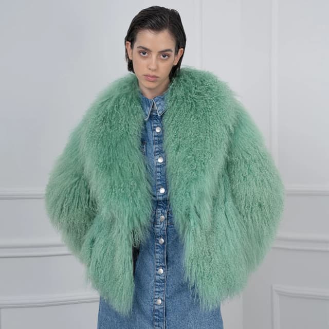 Abrigo de piel auténtica para mujer, chaquetas de invierno de piel de cordero, abrigo de oveja mongol verde claro con cuello de Chal, ropa para mujer 2024