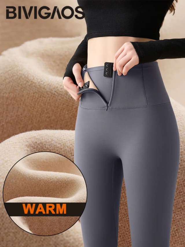 BIVIGAOS Otoño Invierno polar grueso pecho cremallera Sharkskin Leggings mujeres cintura Shaping apretado deportes Leggings pantalones cálidos