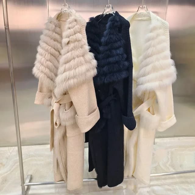 Suéter de moda para mujer, abrigo largo de punto, cárdigan con cinturón de piel de zorro, otoño e invierno, 2024
