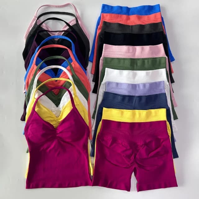 Conjunto deportivo de 2 piezas para mujer, camisetas sin mangas con espalda descubierta, pantalones cortos sin costuras de cintura alta, traje deportivo, conjunto de gimnasio, ropa deportiva, conjunto de entrenamiento