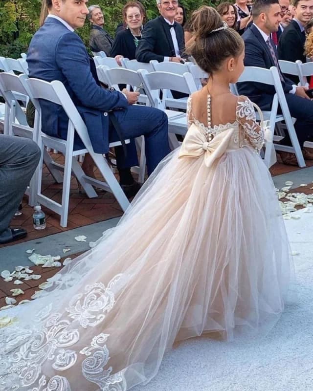 BABYONLINE Abiti da ragazza di fiori a maniche lunghe per invitati al matrimonio Damigella d'onore per bambini con fiocco Bianco Avorio Pizzo Tulle Prima Comunione