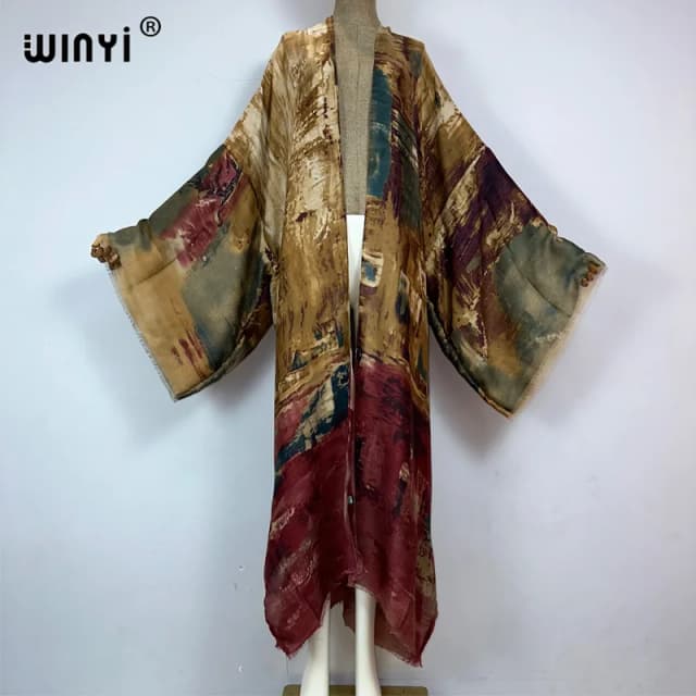 WINYI kimono nuevo estampado de aceite Bikini Cover-up elegante trajes de playa para mujeres sexy sensación de algodón vestidos para mujer vestido caftán