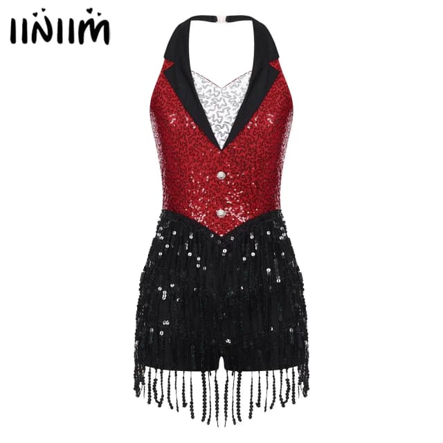 Traje de baile latino de Jazz para mujer, mono con flecos y lentejuelas brillantes con espalda descubierta y cuello Halter, leotardo sin mangas con borlas, Ropa de baile