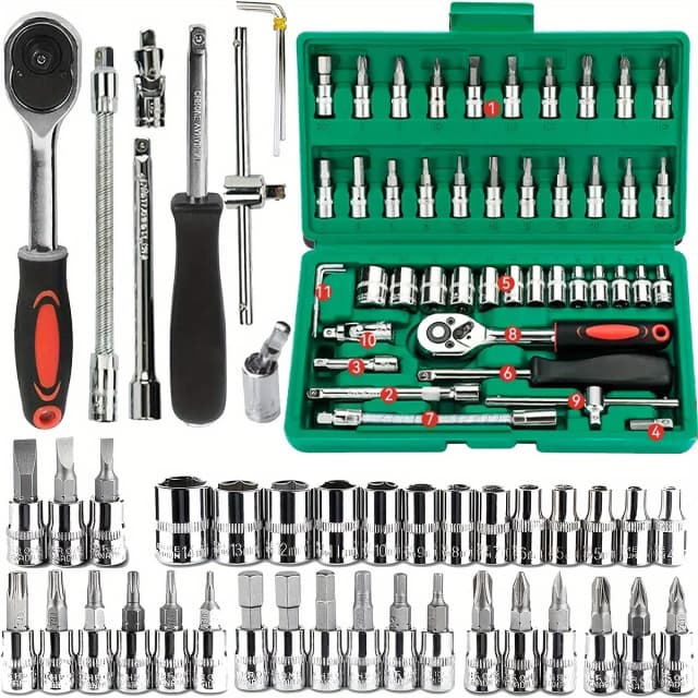 46 Uds herramientas familiares 1/4 Juego de herramientas mecánicas para reparación de automóviles Hous con enchufes juego de brocas hexagonales métricas llave de trinquete de pulgadas
