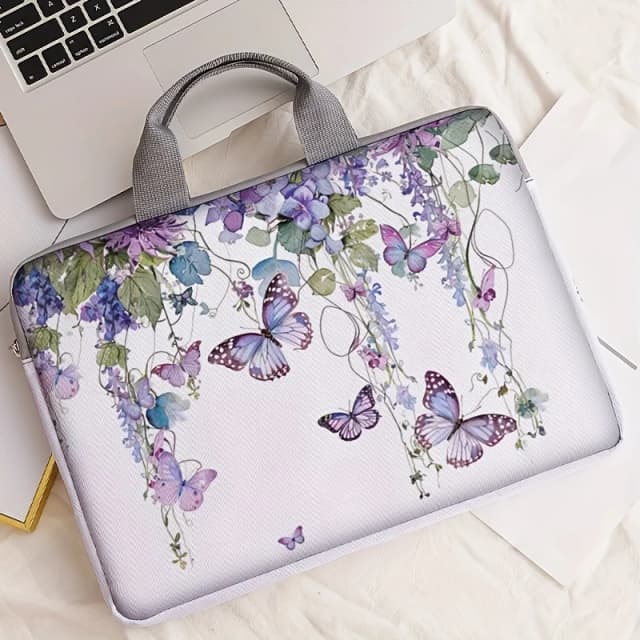 Conjunto de una pieza, dos estilos, bolso y maletín para portátil con estampado de mariposas moradas, adecuado para portátiles de 14 pulgadas