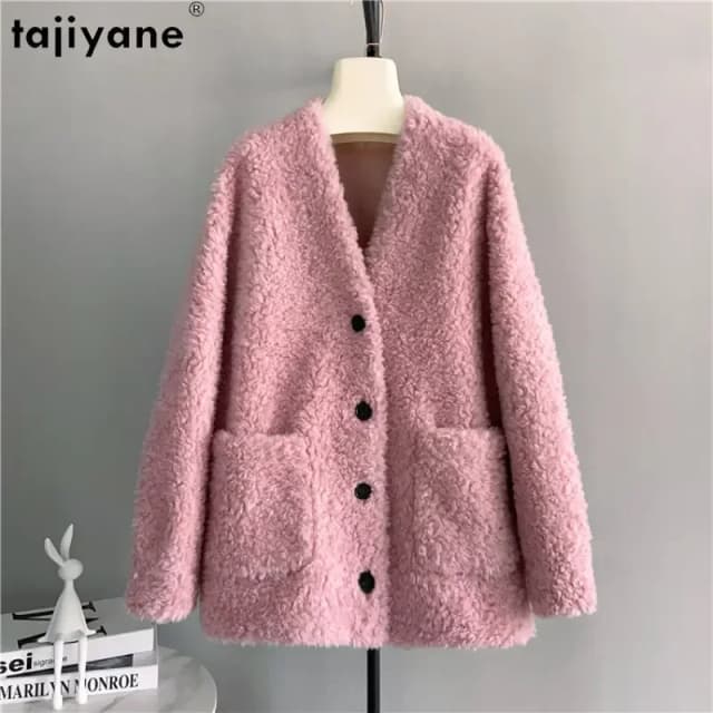 Tajeyane-Chaqueta de esquilar de oveja para Mujer, Abrigo holgado de lana de Color puro, abrigos de piel, Abrigo para Mujer de Invierno 100%, 2023