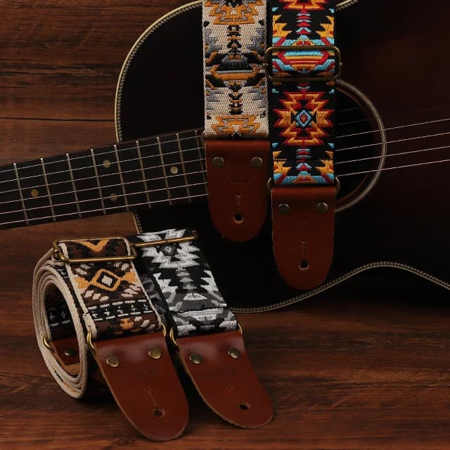 Correa de guitarra de estilo bohemio, extremo de cuero suave, correa de bajo eléctrico acústico ajustable, cinturón de guitarra