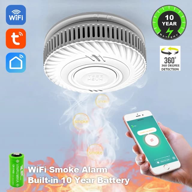 Detector de humo inteligente WiFi Tuya con batería de litio integrada de 10 años para salón, cocina, tienda, Sensor de alarma de inspección de incendios