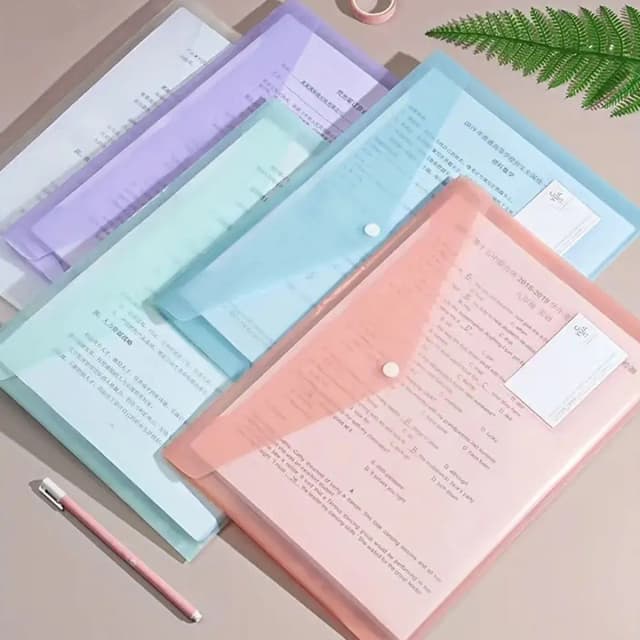 Sobre de plástico PP de WQN-5PCS, sobre de plástico transparente reutilizable, carpeta impermeable con botón, tamaño A4, suministros escolares y de oficina
