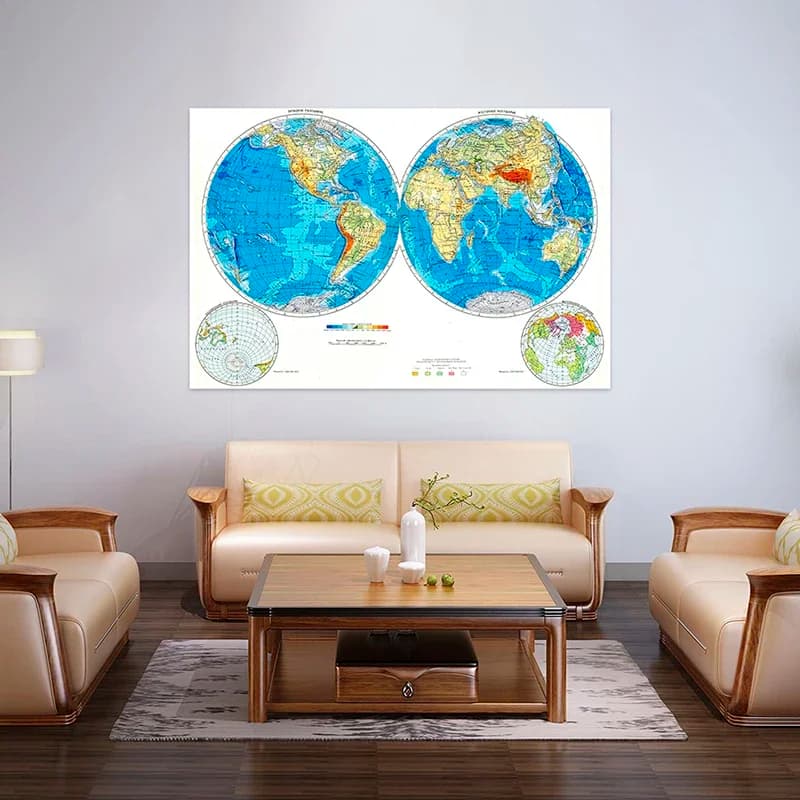 En ruso, mapa del mundo, lienzo no tejido, pintura de pared sin marco, póster decorativo impreso, decoración del hogar para sala de estar, 225x150cm