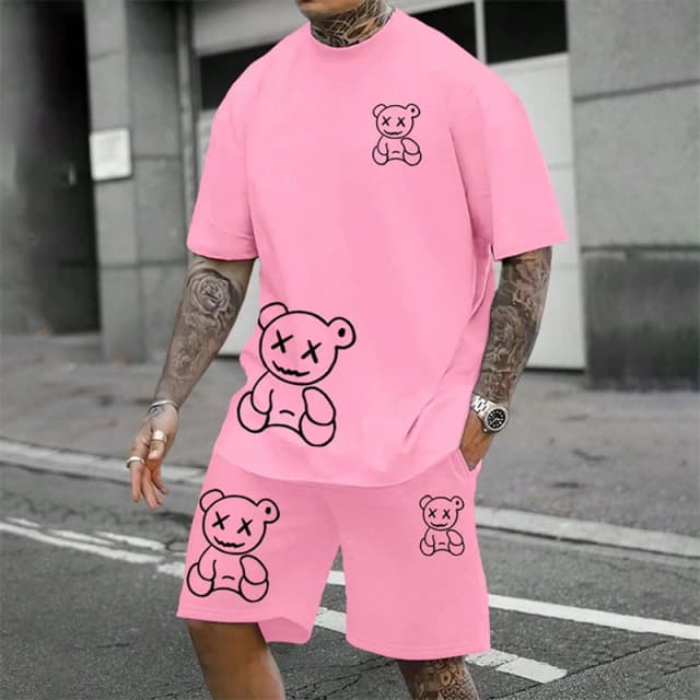 2024 divertido oso Harajuku camiseta verano para hombres holgado pareja de diario traje al aire libre calle pantalones cortos de manga corta dos piezas hombre traje de verano