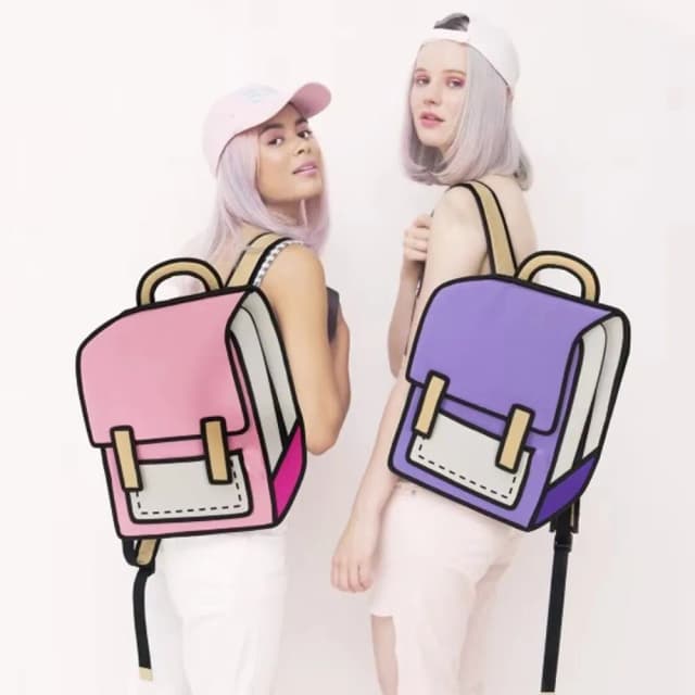 Mochila para mujer, estilo de salto 3D, dibujo 2D, mochila trasera de dibujos animados, bandolera de cómic, bolsos bonitos de moda para estudiantes, mochila Unisex Bolos