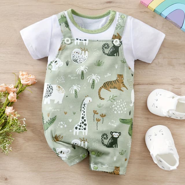 IURNXB-Pelele Adorable con estampado de animales para niño y bebé recién nacido, Body de imitación de dos piezas con mangas cortas, ropa de juego informal