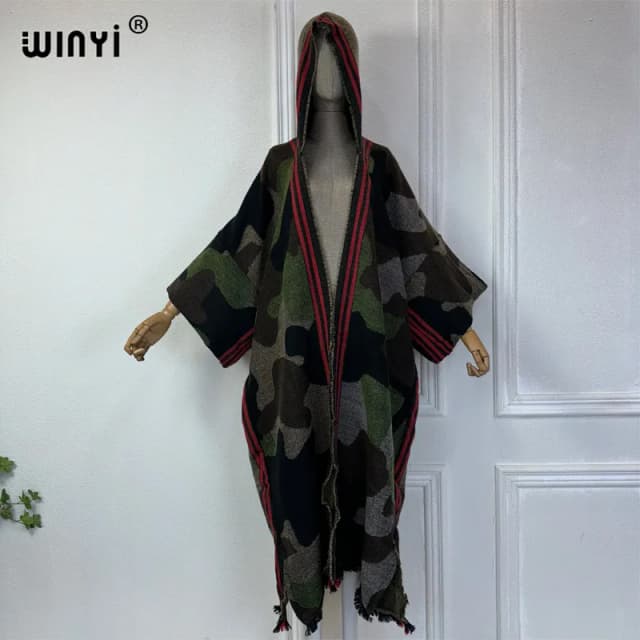 WINYI África clásico camuflaje color estampado invierno cárdigan con capucha vestido mujer abaya trajes de invierno para mujer abrigo largo