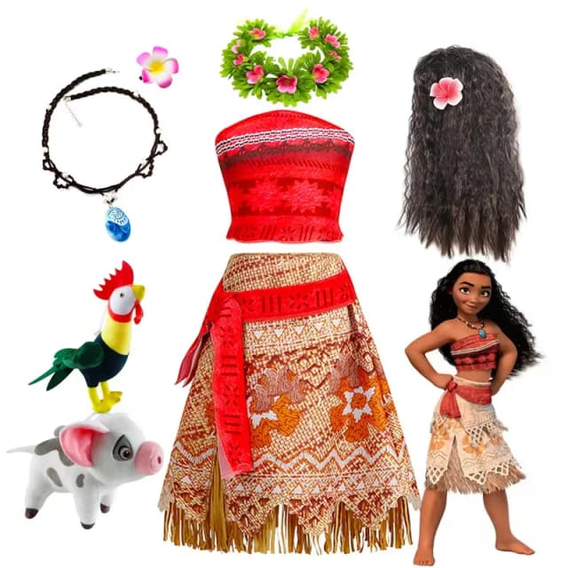 Disney moana vestido para crianças meninas princesa vaiana cosplay carnaval crianças festa de aniversário headwear colar animal de estimação porco frango conjunto