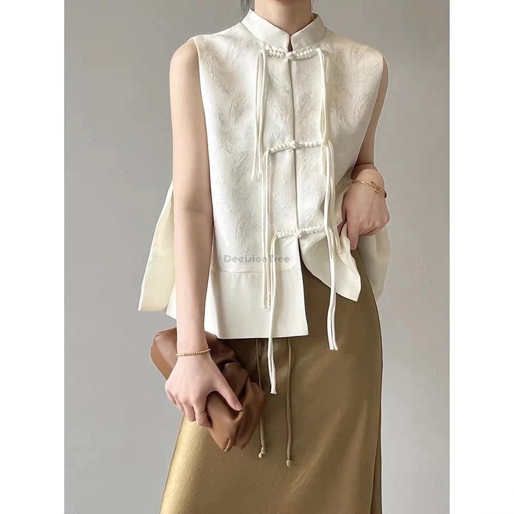 2025 primavera nuevo estilo chino placa hebilla chaleco chaqueta jacquard cuello alto sin mangas retro mujeres cheongsam chaleco