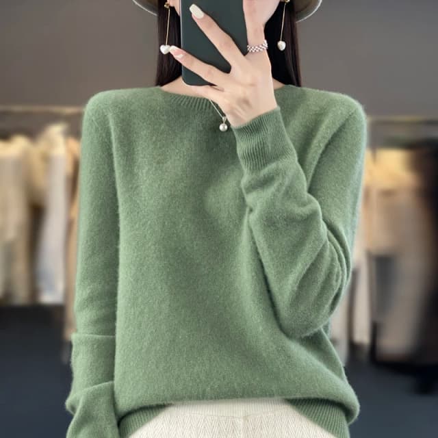 Suéter de cachemira para mujer, Jersey cálido de lana merina con cuello redondo, top de otoño e invierno, novedad de 100%