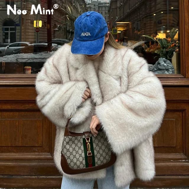 Neo Mint-Chaqueta de piel de zorro sintética para mujer, abrigo grueso y cálido de gran tamaño, a la moda, para invierno, 2024