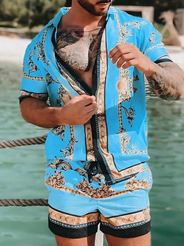 Conjuntos de camisas Vintage para hombre, camisa de manga corta con estampado de caballo dorado para playa, pantalones cortos, traje hawaiano de 2 piezas para viaje informal, S-5XL