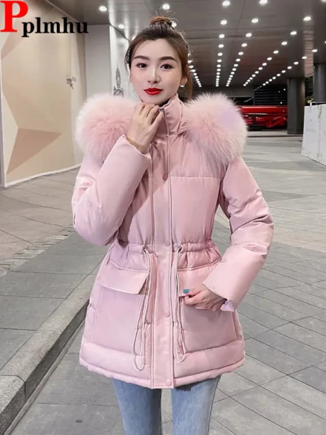 Abrigo acolchado rosa ajustado de invierno, Parkas con capucha y cuello de piel sintética, chaqueta coreana de algodón de talla grande, chaquetas de longitud media con cordón en la cintura