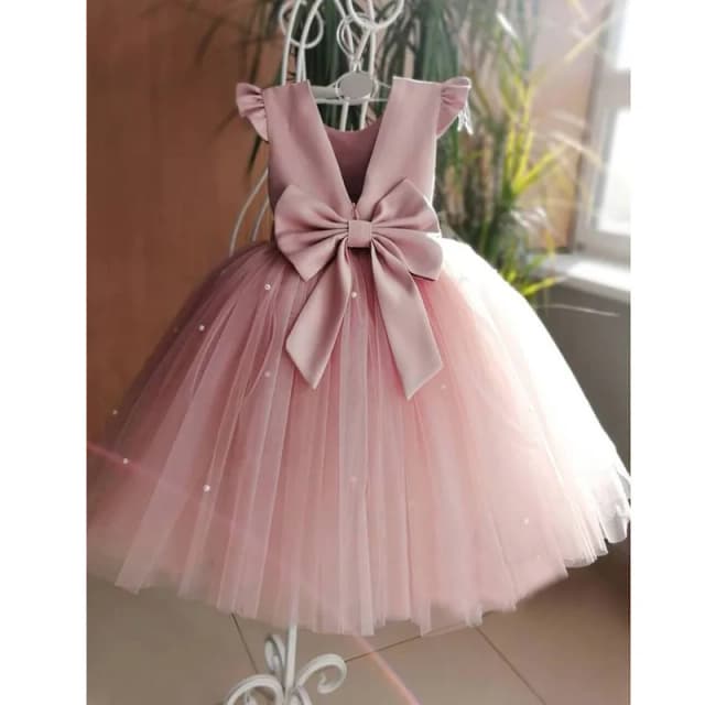 Vestidos elegantes cortos de color rosa para niña, vestidos de flores para cumpleaños, tul sin mangas, lazo, perlas, vestido de fiesta de Boda de Princesa para niños y bebés