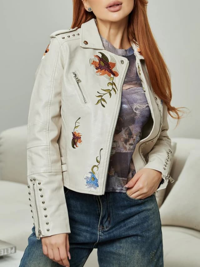 Ailegogo-Chaqueta de piel sintética para mujer, abrigo Retro con remaches y cremallera, con bordado Floral, ropa de calle para primavera y otoño