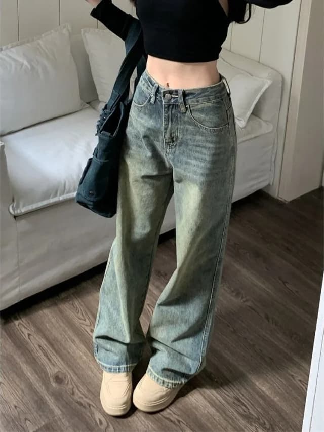 Deeptown Y2k pantalones vaqueros holgados de pierna ancha para mujer, ropa de calle Vintage, pantalones vaqueros lavados, pantalones básicos Grunge holgados azules para mujer, otoño
