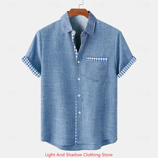 Camisa de lino para hombre, camisa informal hawaiana de manga corta con bolsillo y solapa para vacaciones, top de lino de alta calidad para hombre
