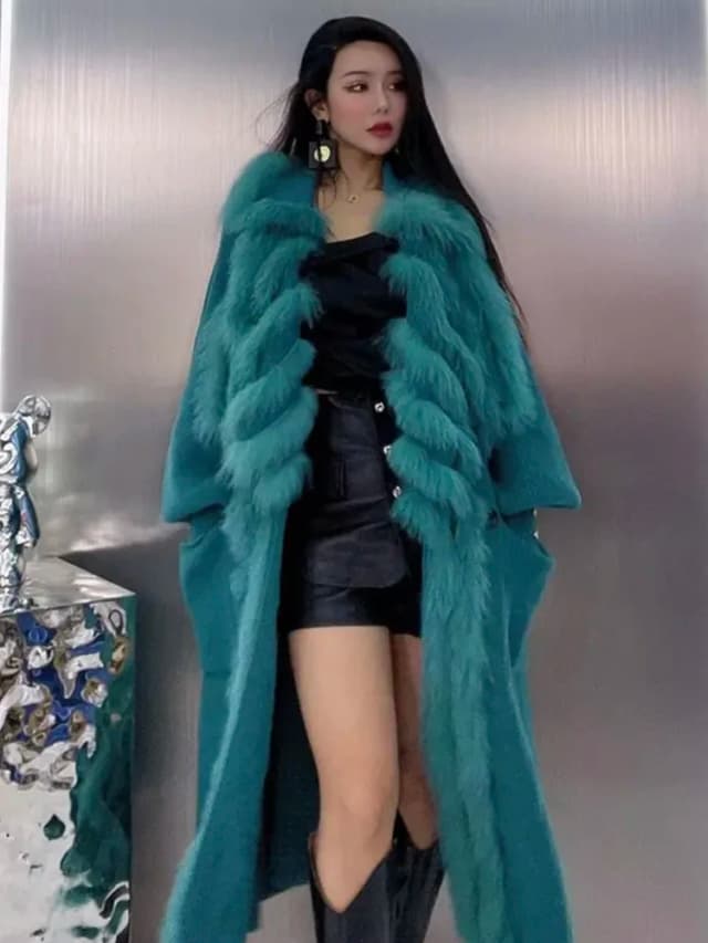 Suéter de punto de piel de zorro Real para mujer, abrigo holgado de gran tamaño con cuello de piel de zorro, suéter largo de moda de 110cm de largo