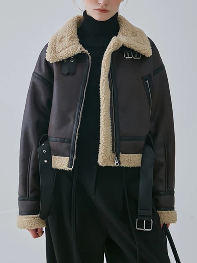 Ailegogo-Chaqueta Vintage de piel de cordero sintética para mujer, abrigo grueso y cálido con cremallera empalmada, prendas de vestir con cinturón, Otoño e Invierno