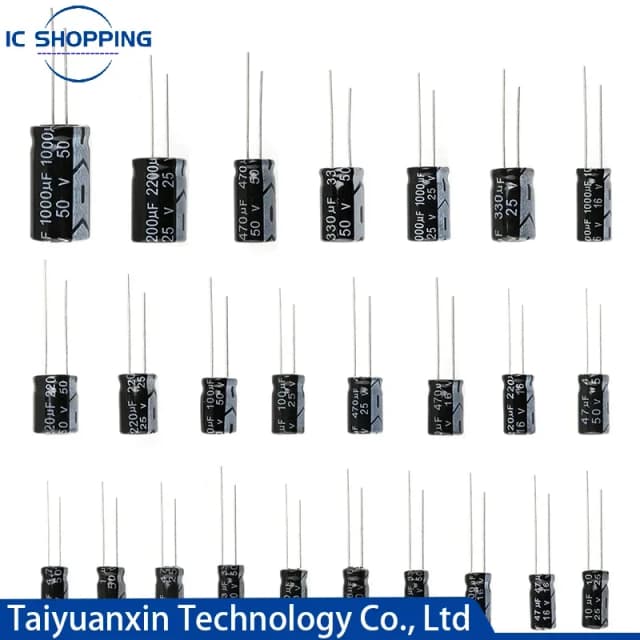 Condensador electrolítico de aluminio, 10V, 16V, 25V, 35V, 50V, 63V, 2,2, 3,3, 4,7, 100, 220, 330, 470, 1000, 2200, 3300 UF