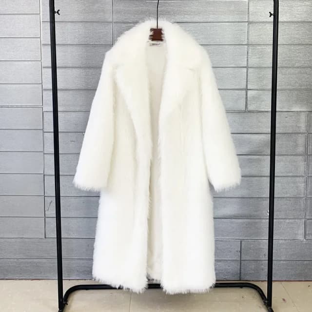Abrigo largo blanco de piel sintética para mujer, chaqueta grande de otoño e invierno, abrigo con bolsillos y cuello vuelto, abrigo grueso, chaquetas cálidas, abrigos Maxi