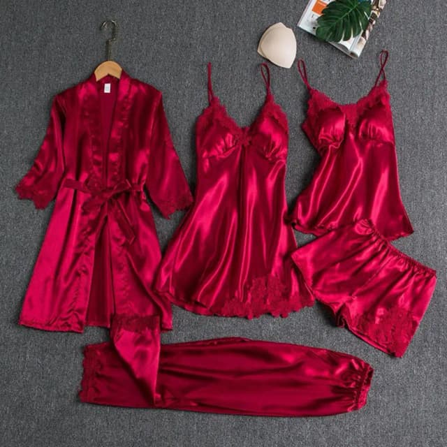 Conjunto de pijamas de 5 piezas, pijama de satén para el hogar, camisón de mujer, bata de encaje, traje para dormir, chaleco, cárdigan, pantalón, ropa de dormir, lencería